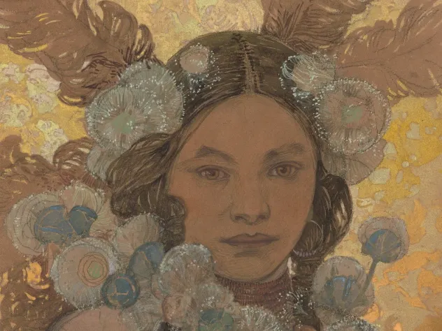 Alfons Mucha, Žena s květy a pery, 1905, ZČG