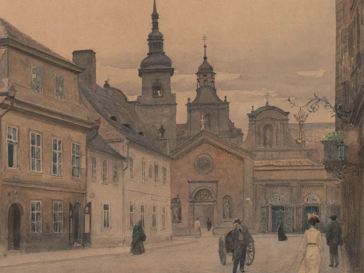 Václav Jansa, Pohled na františkánský kostel z Bezručovy ulice (z cyklu Stará Plzeň), 1905